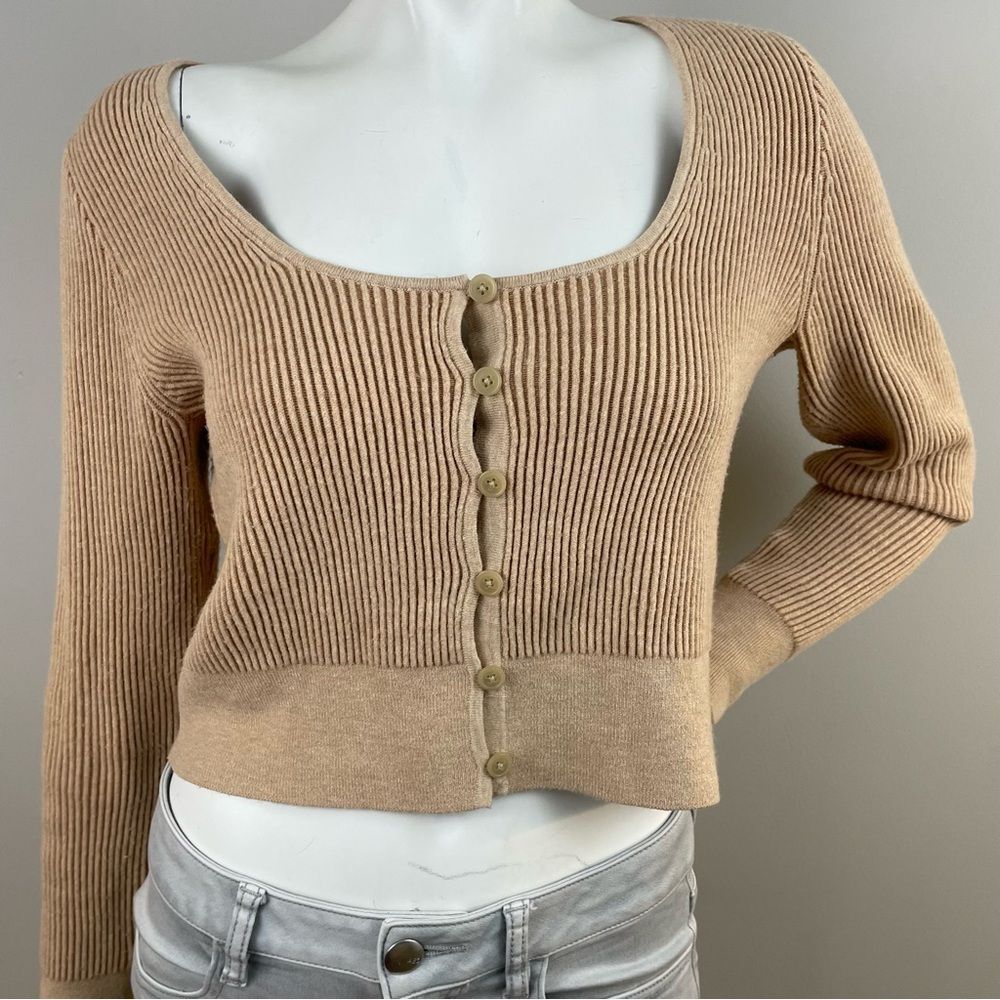 J. CREW Tan Scoopneck Stretch Cardigan Top Ribbed Cropped Sweater